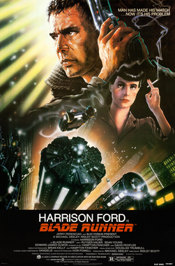 A poster for Blade Runner. At the top, Harrison Ford as Deckard is holding a futuristic-looking pistol and looking grim as beams of light flare out from behind his face. Around the shoulder, he fades into the smoke from a cigarette held by Sean Young as Rachel, hazing out of the poster, her eyes looking reflective like a cat’s. She then fades into the flares of light from the futuristic city super-skyscrapers at the bottom of the poster, with a flying car soaring over them. The film title is in red at the very bottom.