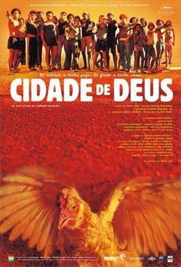 A poster for Cidade de Deus, or City of God. Foregrounded is a frantic chicken, fleeing from a large gang of teenage boys, some of whom are holding guns. The whole poster is washed in orange and blood-red.